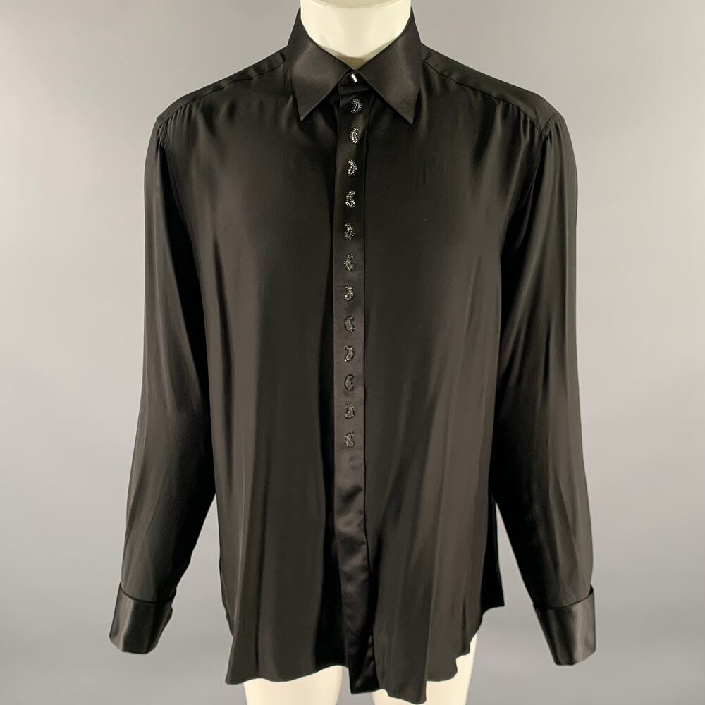 STEFANO RICCI Size XL Black Silk Hidden Placket Long Sleeve Shirt